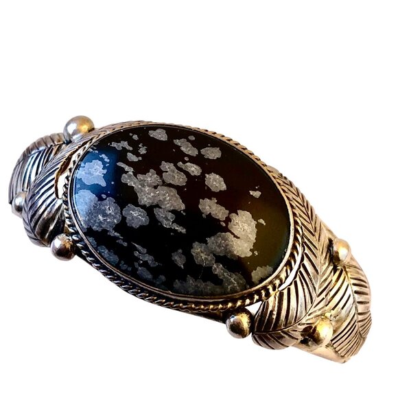 Native American Snowflake Obsidian Sterling Silver Cuff Bracelet Signed L Pina - Picture 5 of 13
